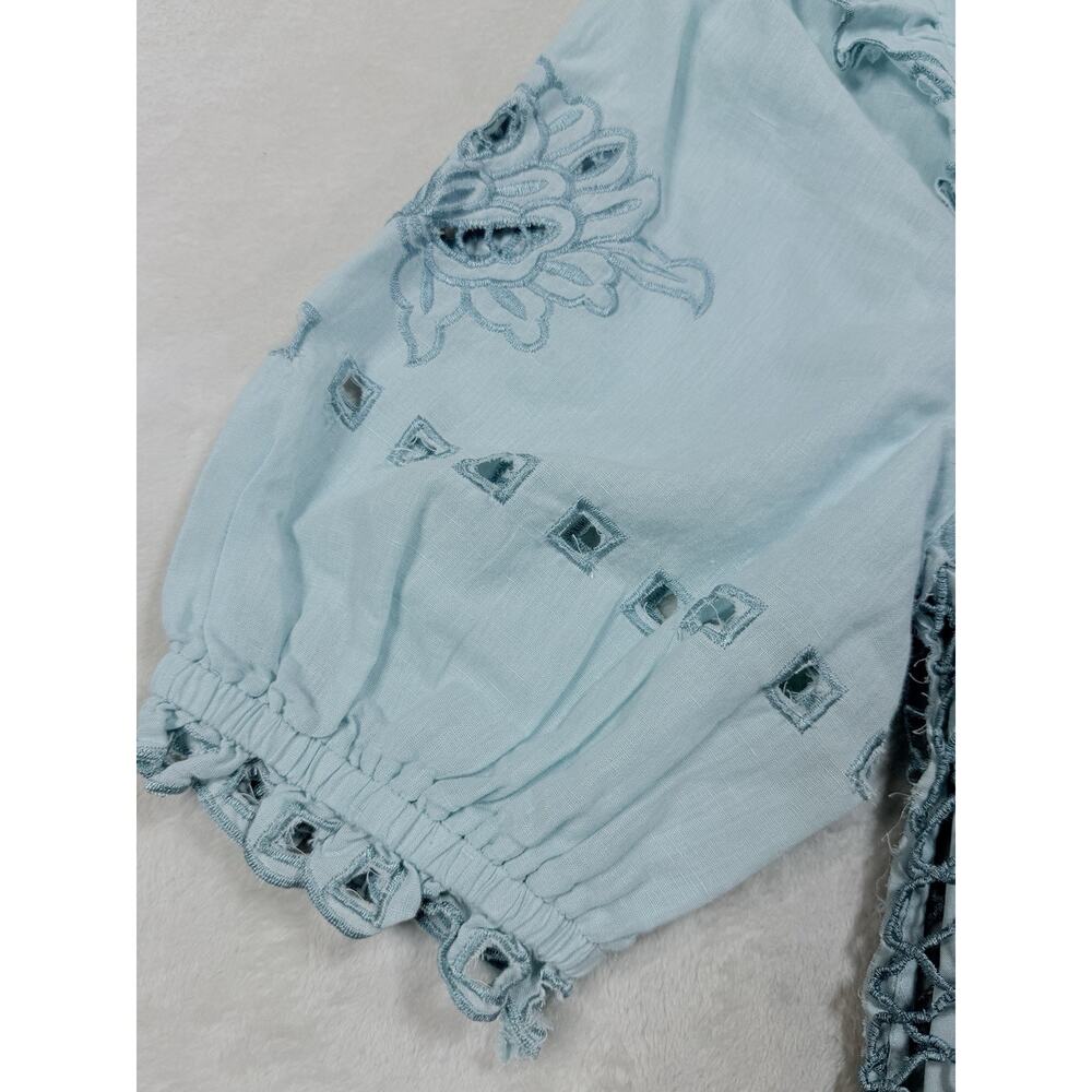 Sundance Lace Crochet Linen Blend Top Cottagecore Boho Prairie Skyblue Women Lg - Picture 3 of 15
